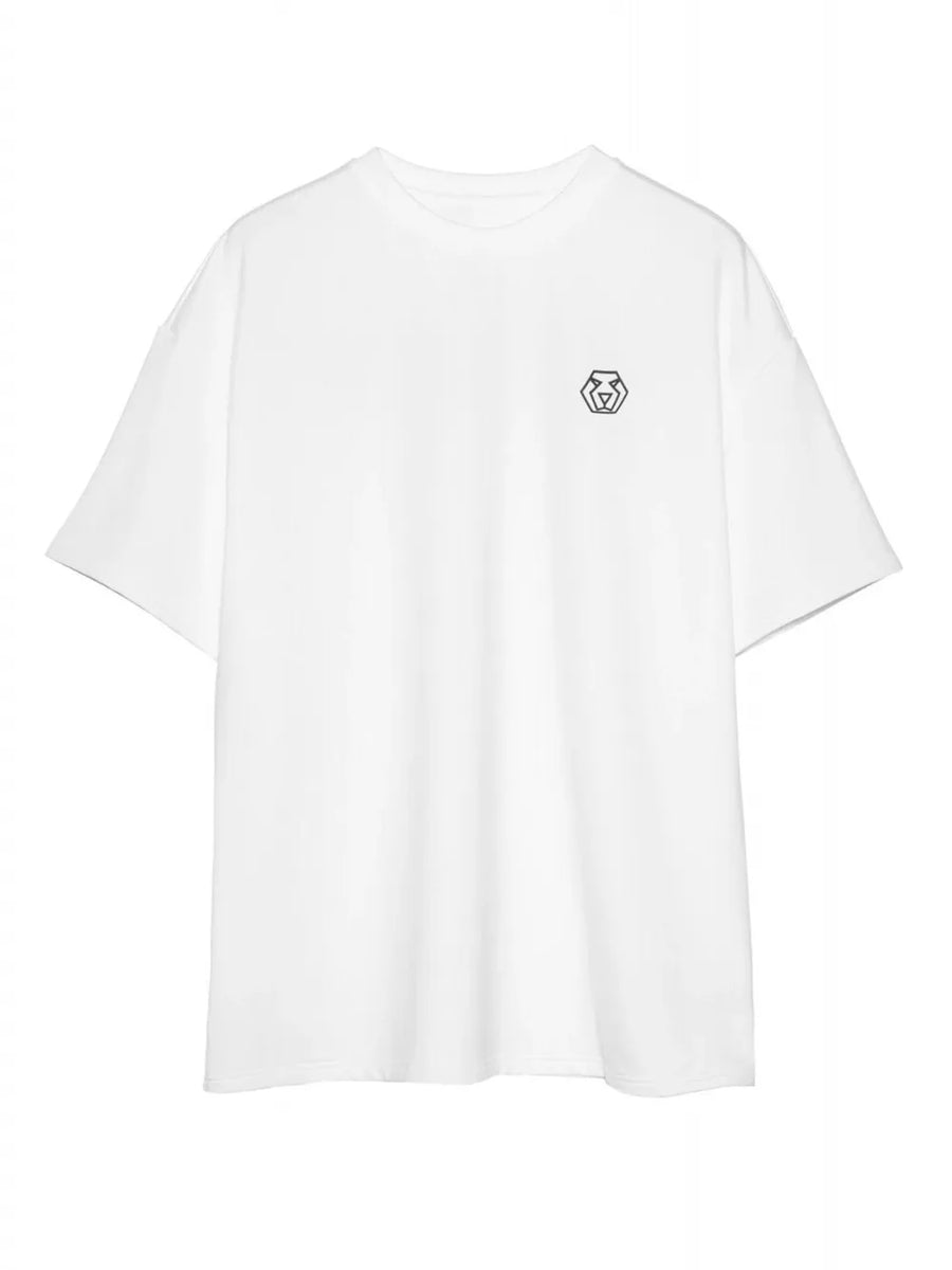 White oversized t-shirt with minimalist black emblem on chest