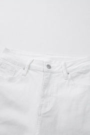 White cotton denim jeans with high waist and straight leg cut.