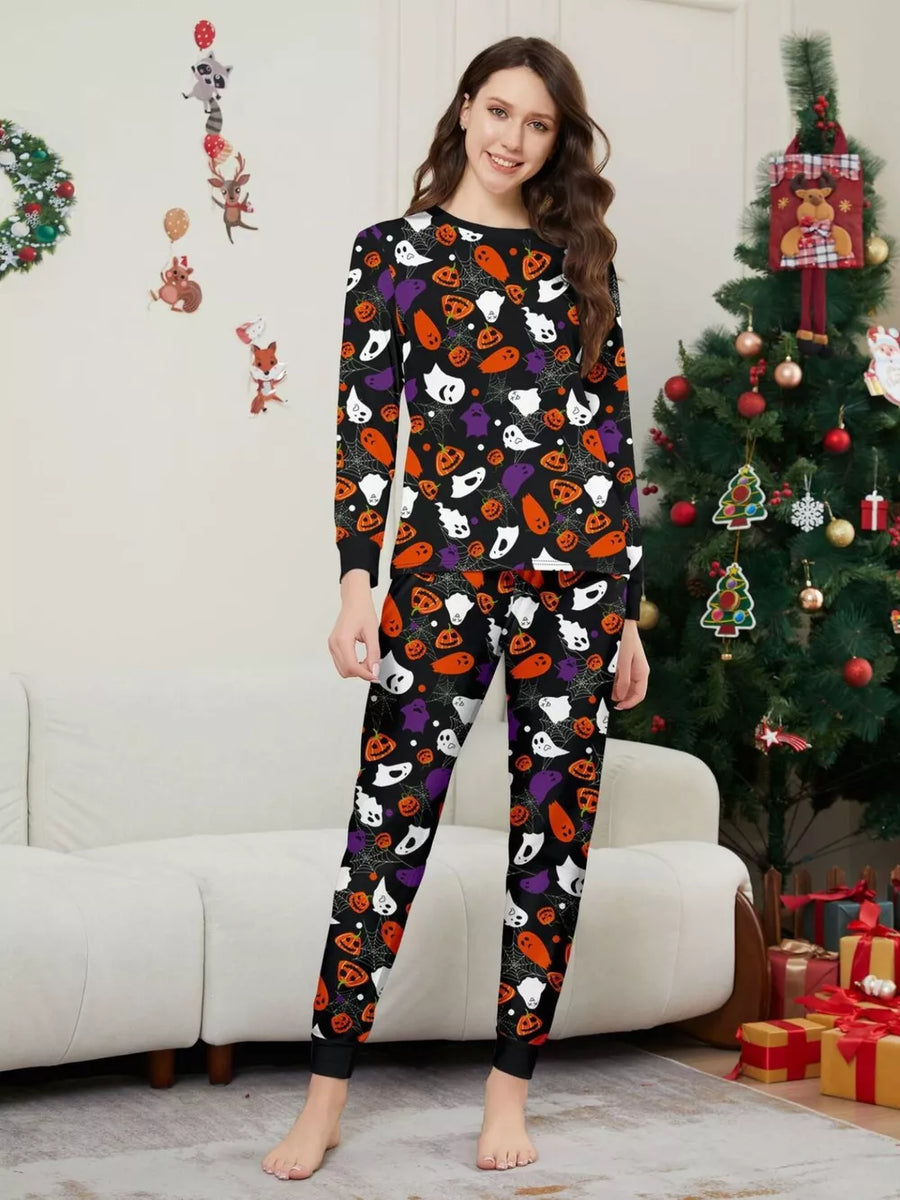 orange pajama set featuring two-piece set and novelty print