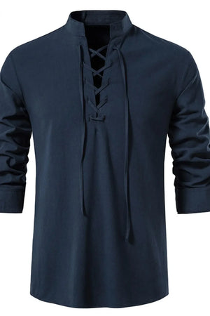 Navy linen henley shirt with lace-up collar and long sleeves