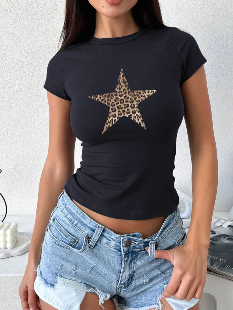 Black fitted tee with leopard print star graphic and short sleeves.