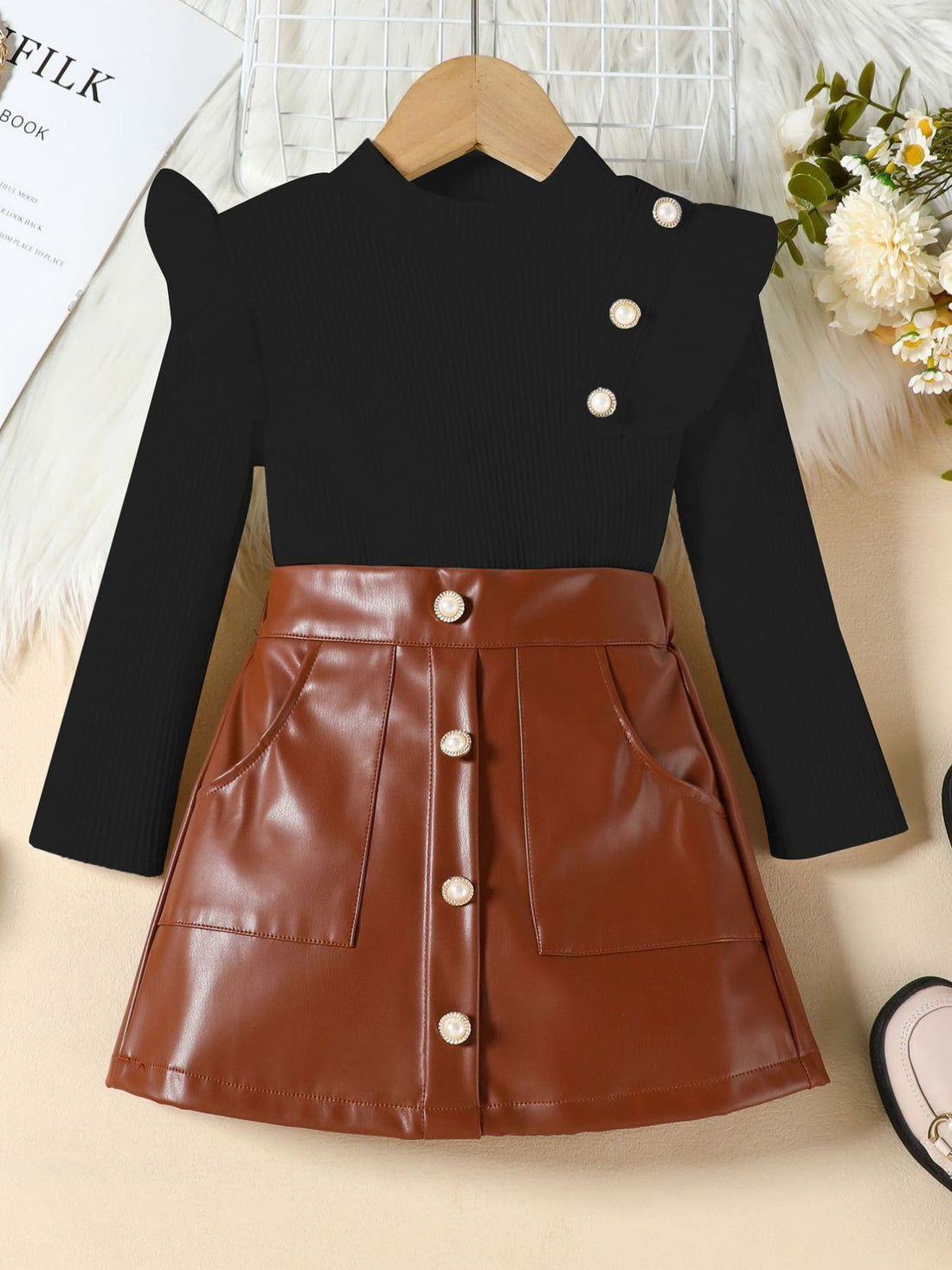 Black ruffled ribbed top with decorative buttons and brown faux leather a-line skirt.