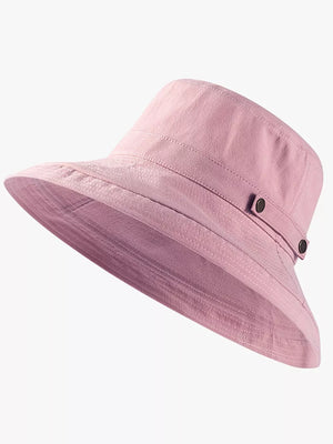 Pink cotton bucket hat with wide brim and brass hardware detail