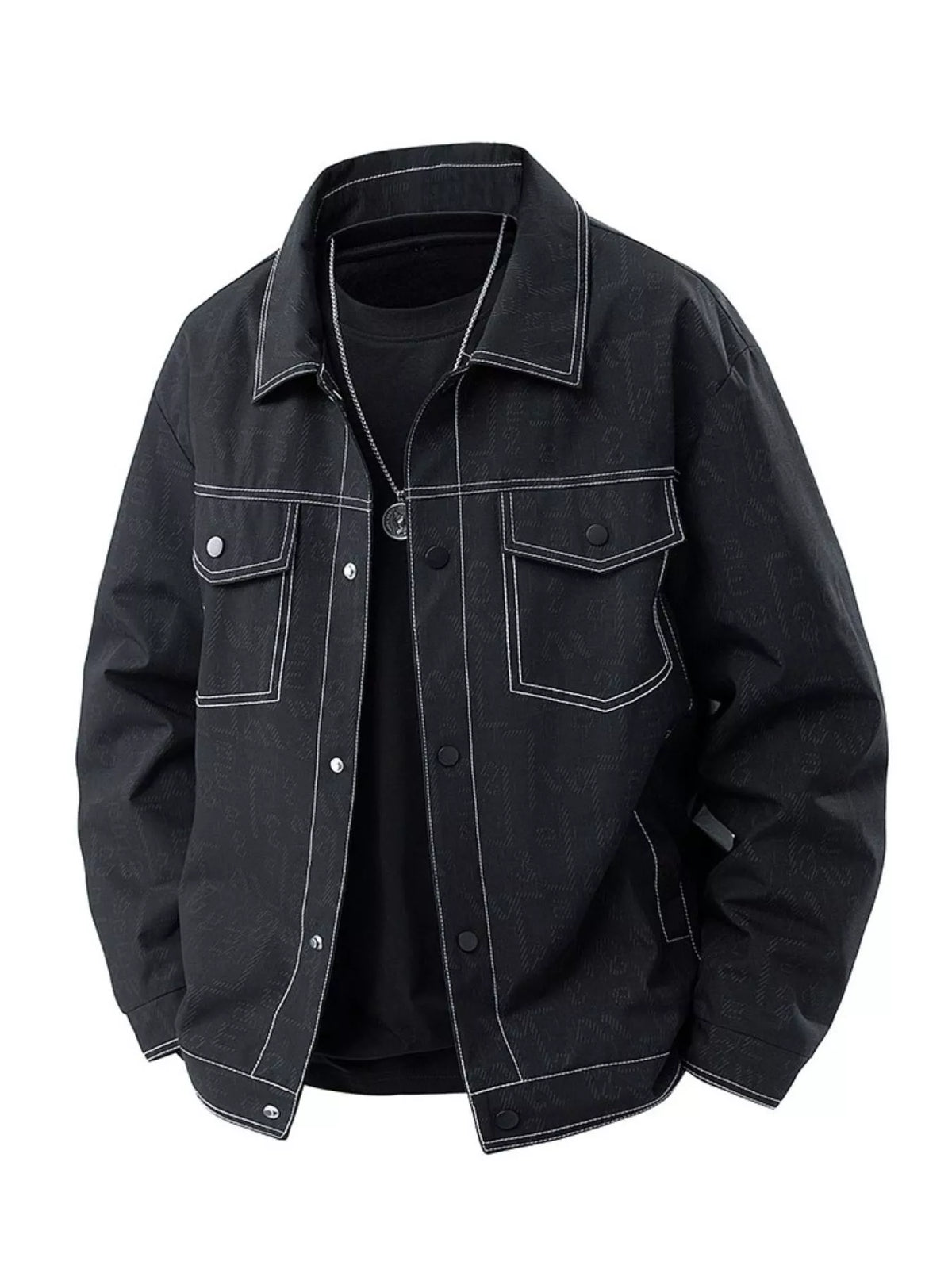 Oversized black denim trucker jacket with white contrast stitching and snap front.