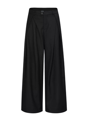 Black wide-leg pants with full-length and button-front