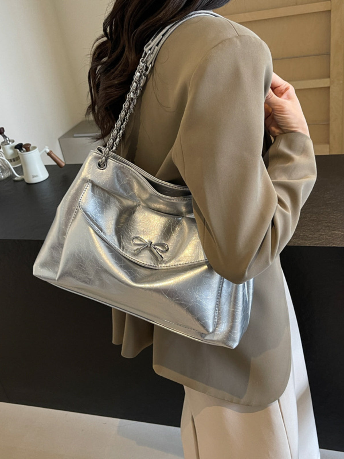 Bow-Accent Shoulder Bag in silver with bow accent