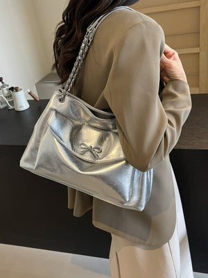 Bow-Accent Shoulder Bag in silver with bow accent