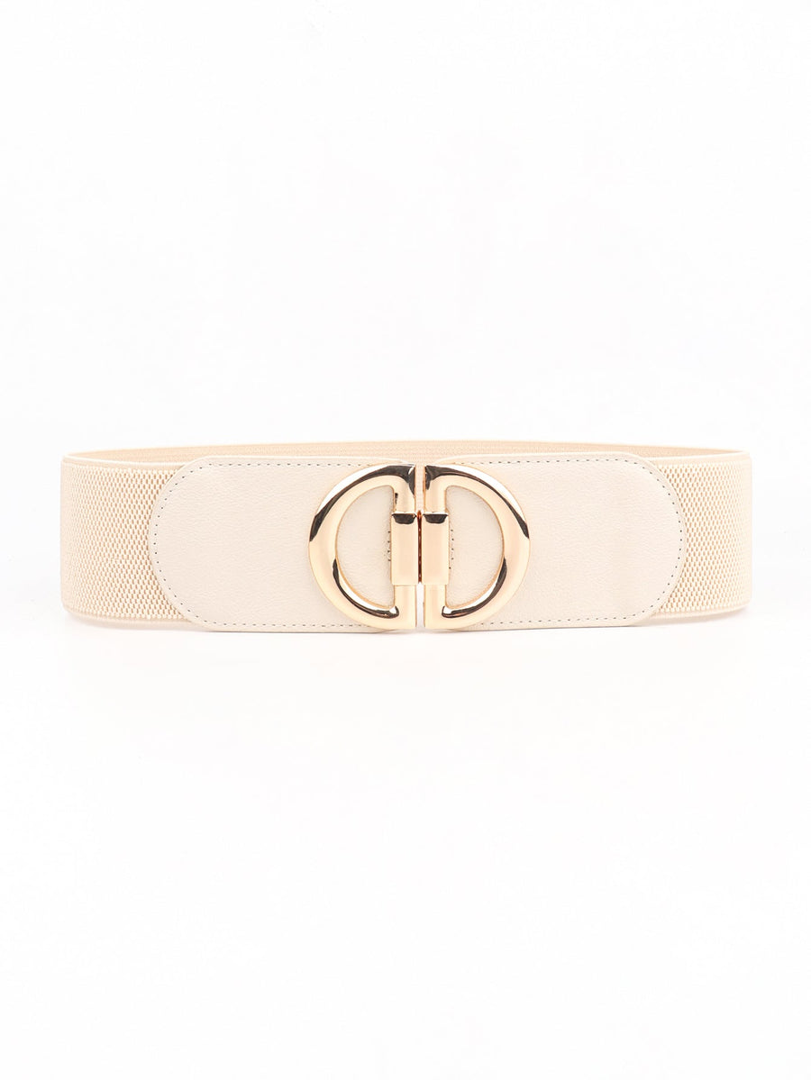 Cream elastic waist belt with double D gold buckle