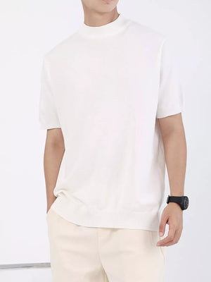 Men's white mock neck knitted t-shirt with short sleeves and ribbed hem.