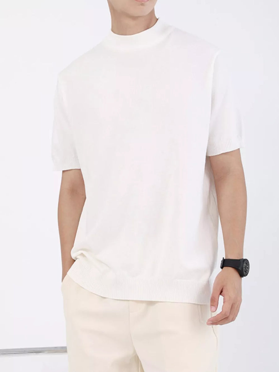 Men's white mock neck knitted t-shirt with short sleeves and ribbed hem.
