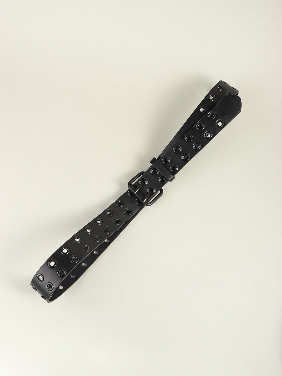 Black vegan leather belt with double grommet detail and silver buckle