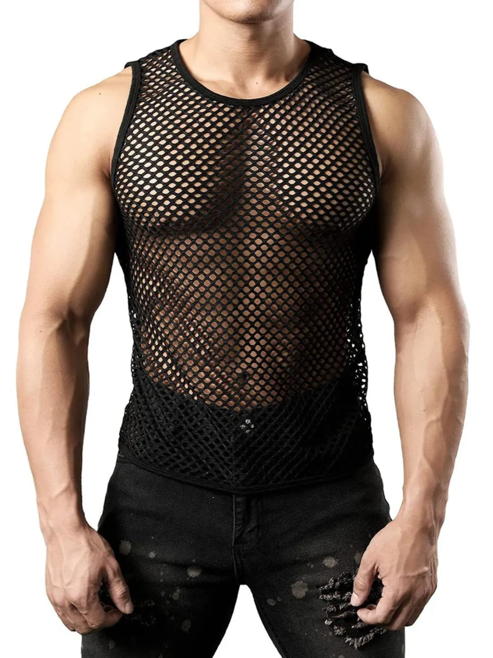Black open-knit muscle tank top with a crew neck and sleeveless design.