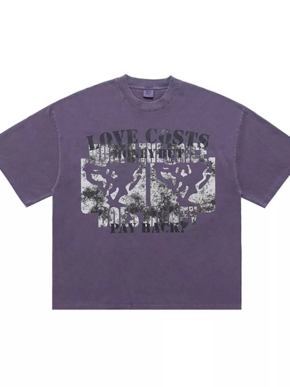 Purple cotton crew neck t-shirt with abstract graphic and text.