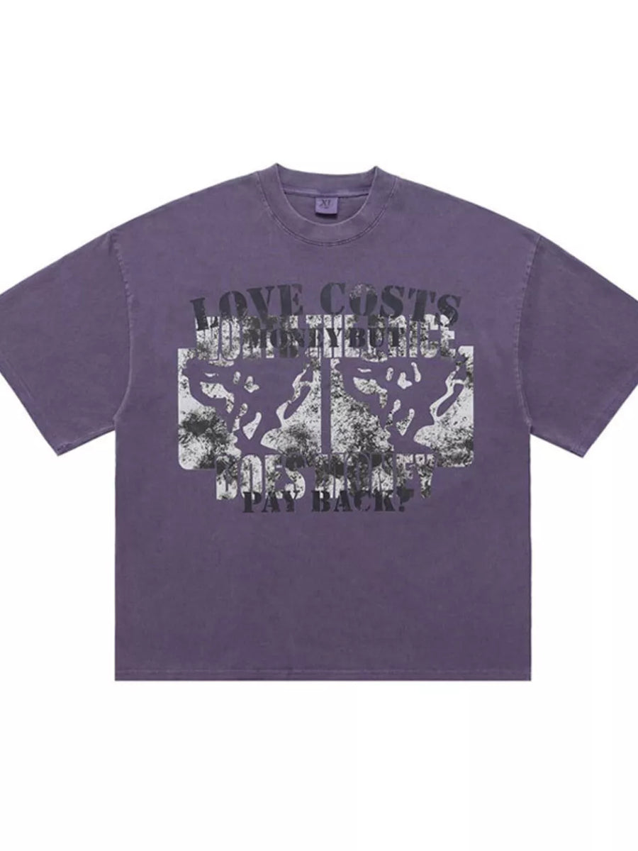 Purple cotton crew neck t-shirt with abstract graphic and text.