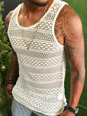 Ivory crochet tank top with geometric pattern and scoop neck.