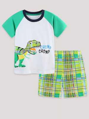 Baby boys' green raglan tee with dino graphic and plaid shorts set