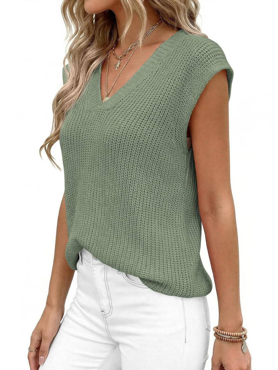 Sage green textured V-neck sweater vest with cap sleeves.