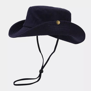 hat in navy blue featuring wide brim and wide brim fit
