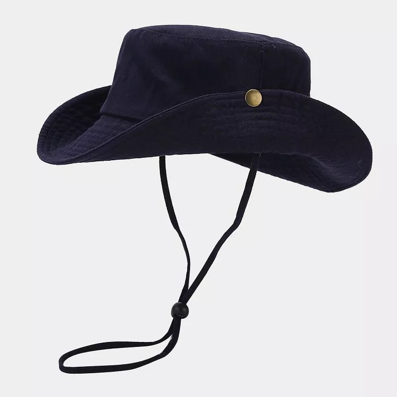 hat in navy blue featuring wide brim and wide brim fit