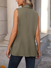Moss green shawl collar sleeveless vest coat with a relaxed fit.
