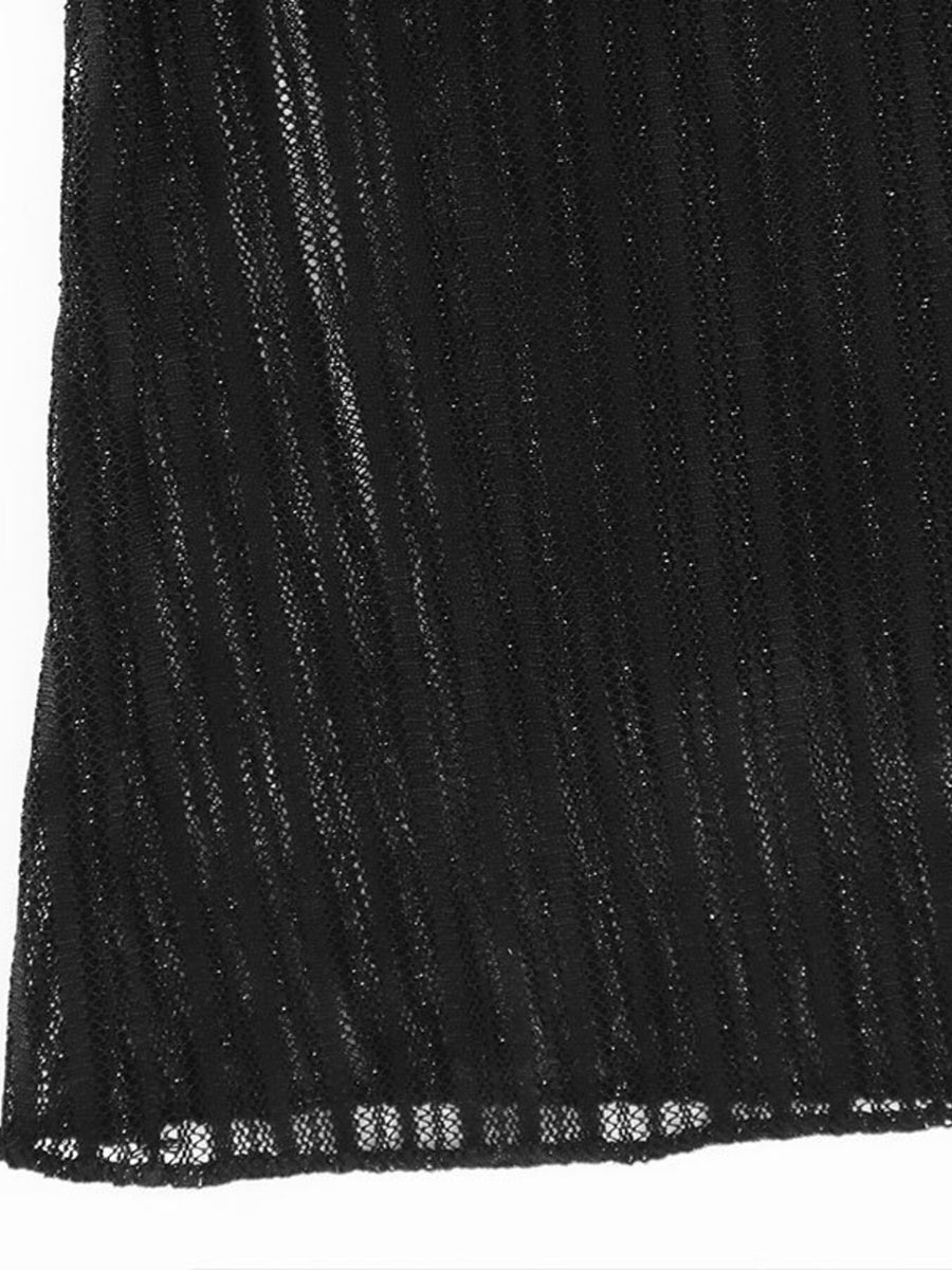 Black glitter striped mesh mini dress with boat neckline detail