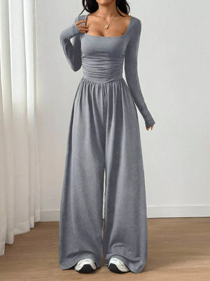 Light Gray Ruched Square Neck Wide-leg Jumpsuit