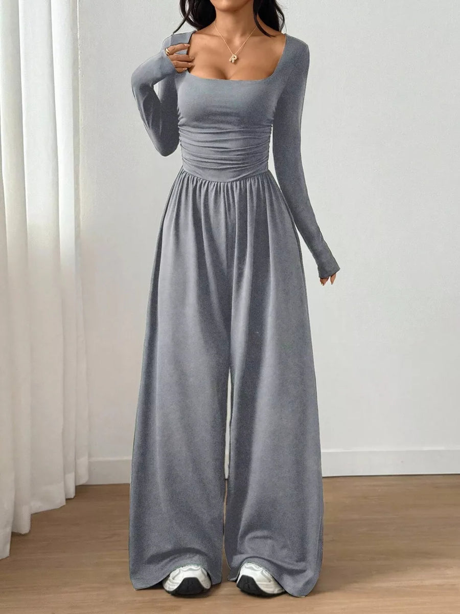 Light Gray Ruched Square Neck Wide-leg Jumpsuit