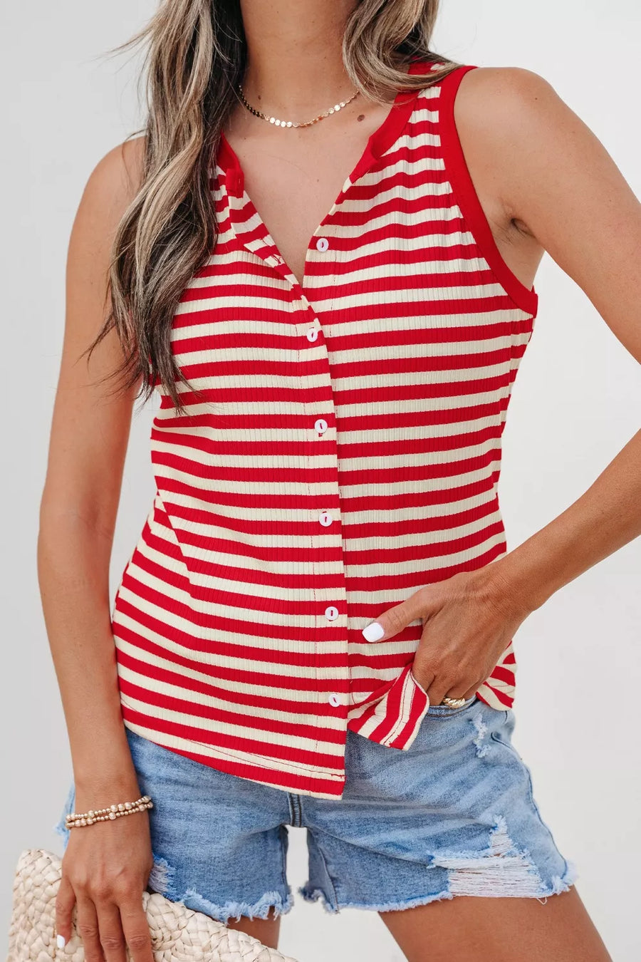 Red and cream striped ribbed knit tank top with button detail