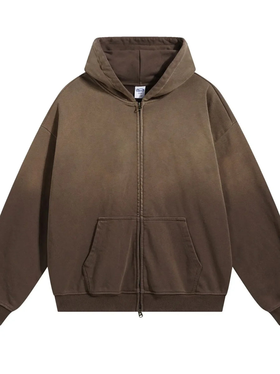 Oversized coffee brown zip-up hoodie with vintage wash and front pocket.
