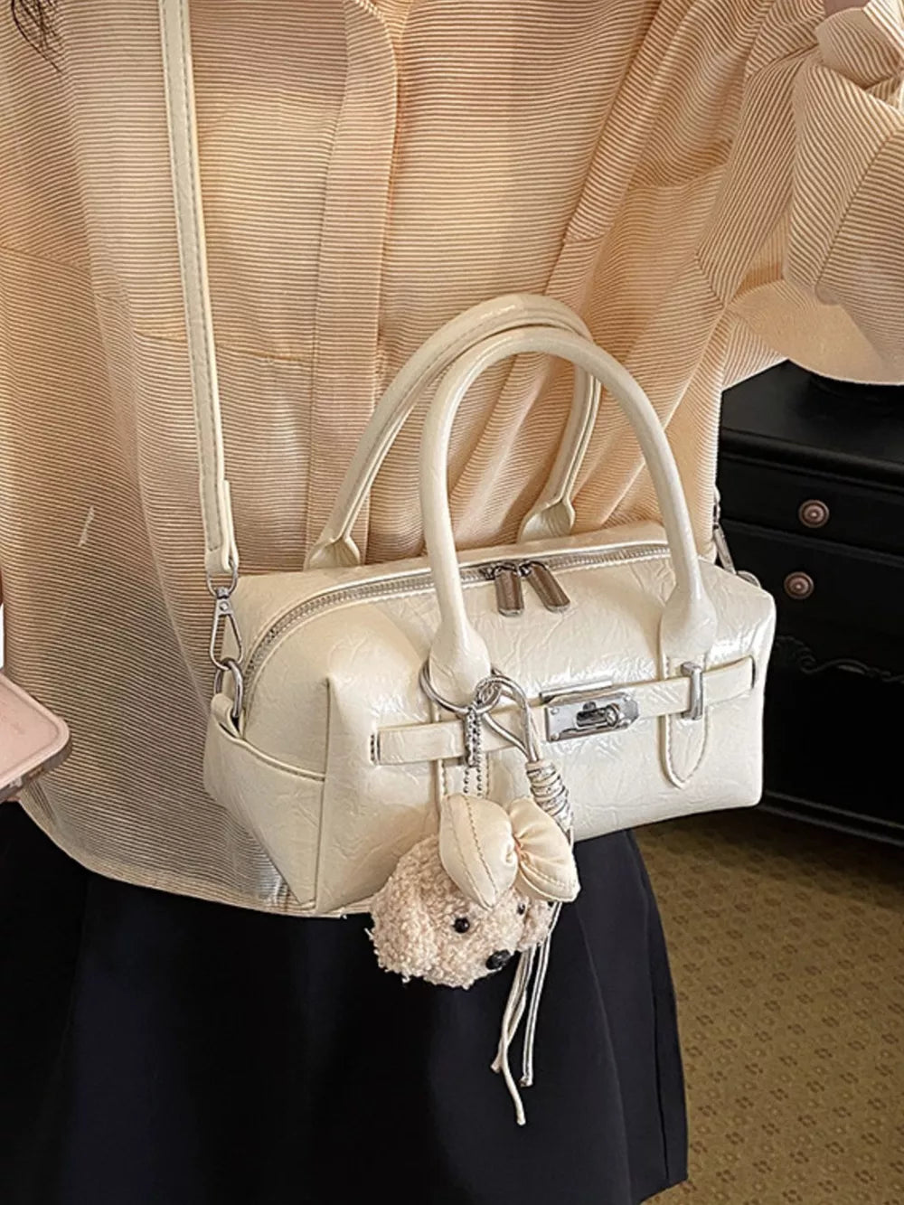 handbag featuring geometric in Ivory with PU Leather Imported Size &amp texture