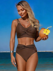 Brown twist front bikini set with high-waisted bottoms and a knotted detail.
