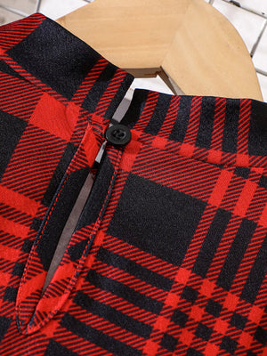 Belted plaid long-sleeve dress in deep red and black with a button detail at the neckline.