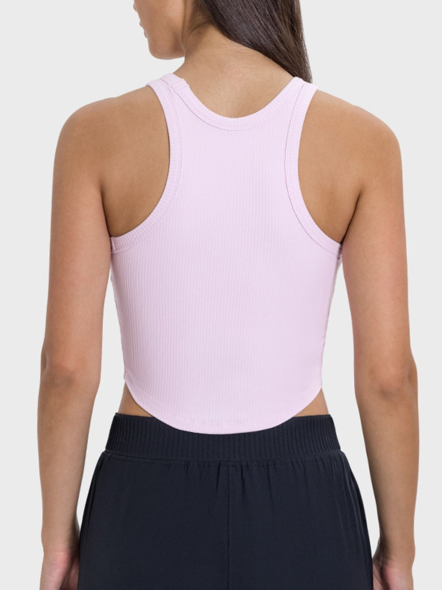 Blush pink ribbed racerback active tank top with curved hem