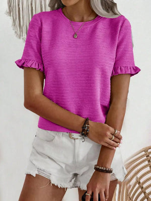 Textured ruffle sleeve t-shirt in purple with a crew neck and short sleeves.