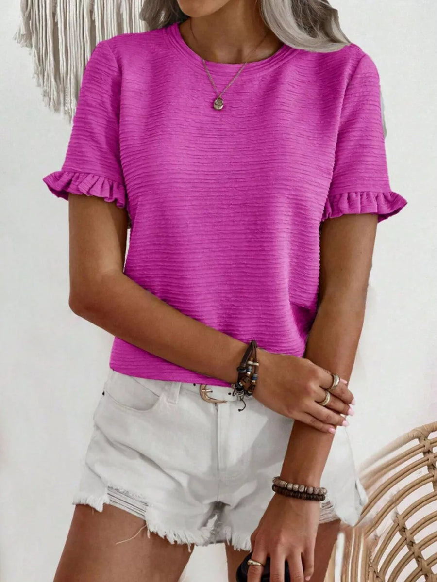 Textured ruffle sleeve t-shirt in purple with a crew neck and short sleeves.