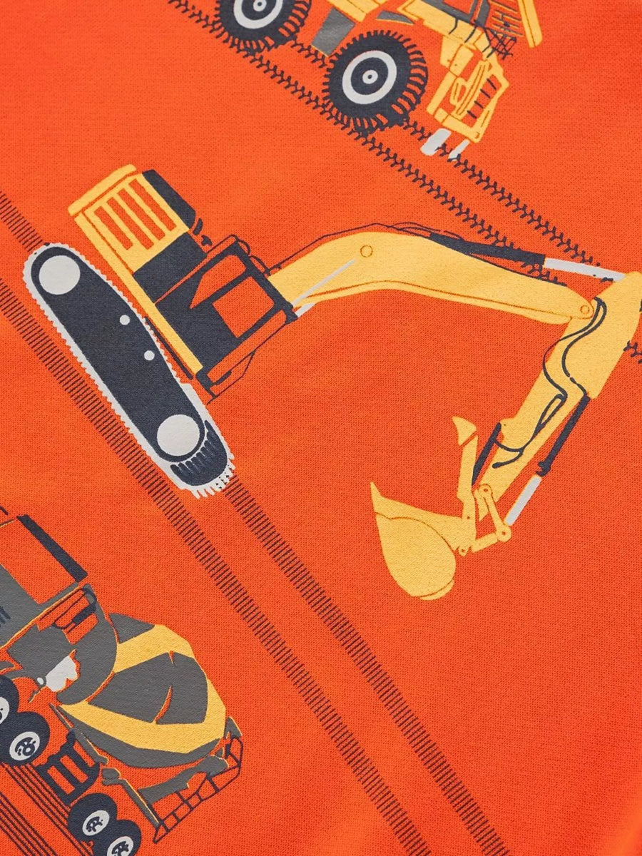 Orange children's sweatshirt with a construction vehicle print.