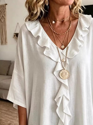 Light Blue Full Size Ruffle V-neck 3/4 Sleeve Blouse Plus Size