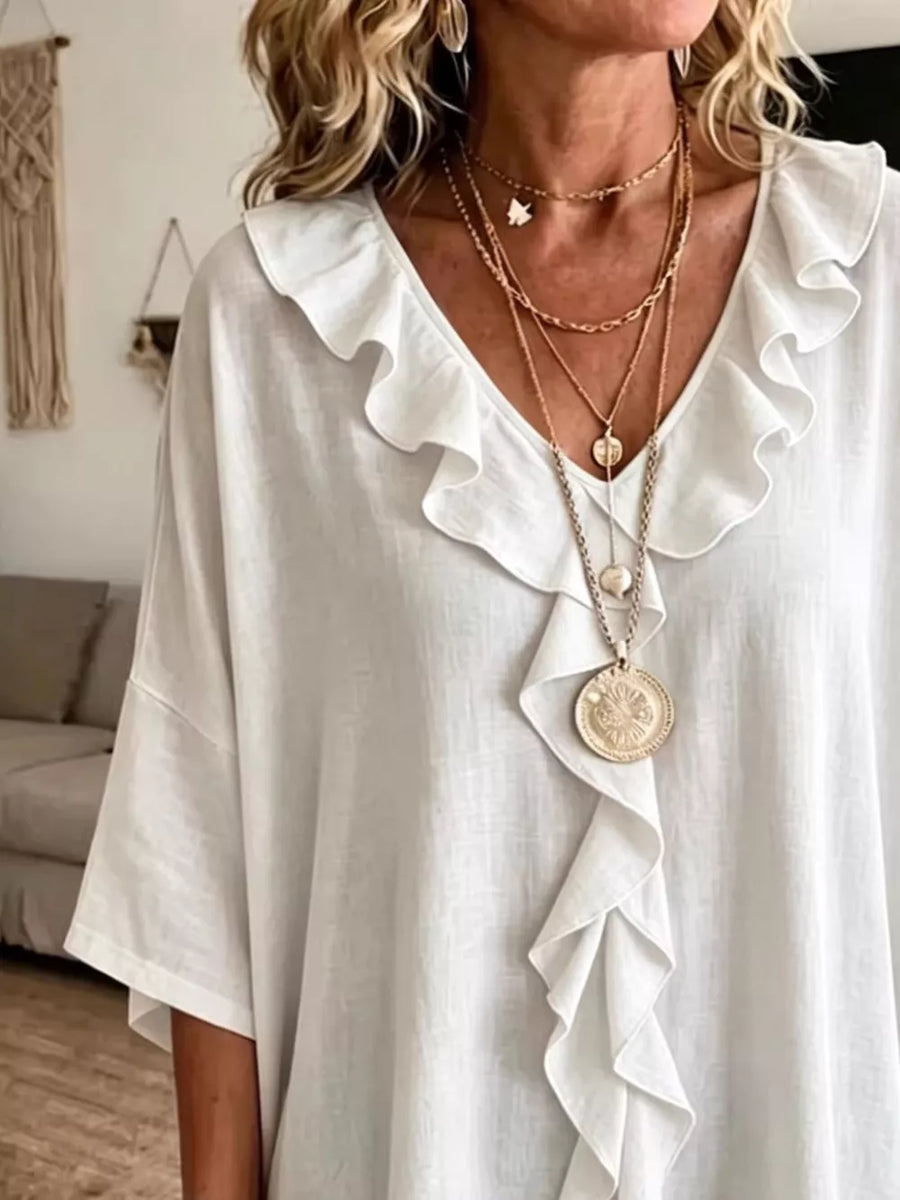 Light Blue Full Size Ruffle V-neck 3/4 Sleeve Blouse Plus Size
