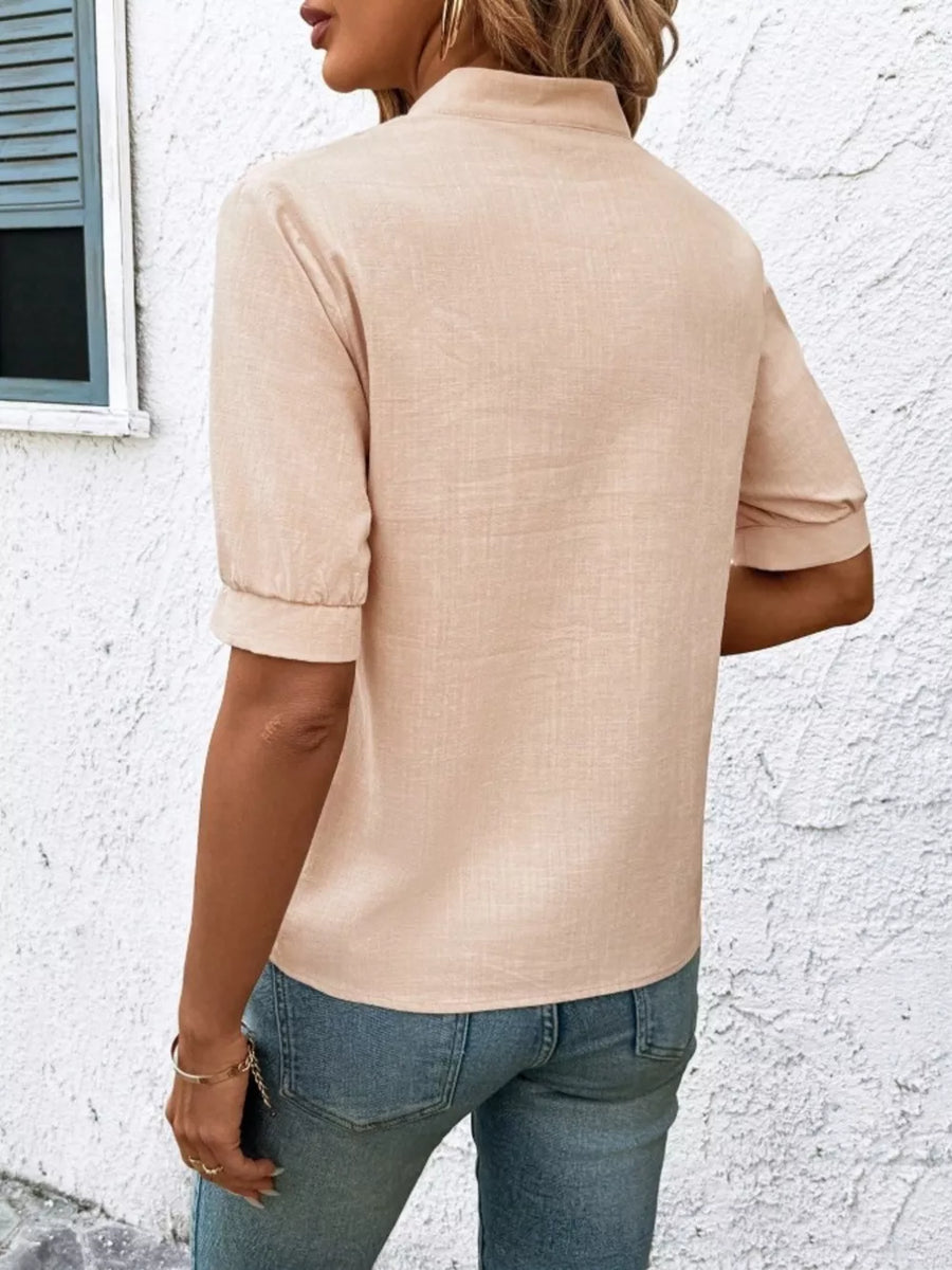 Apricot embroidered notched blouse with cuffed sleeves, basic style, women's apparel.