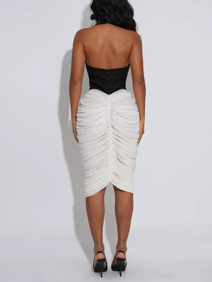 white midi dress featuring ruched and color-block
