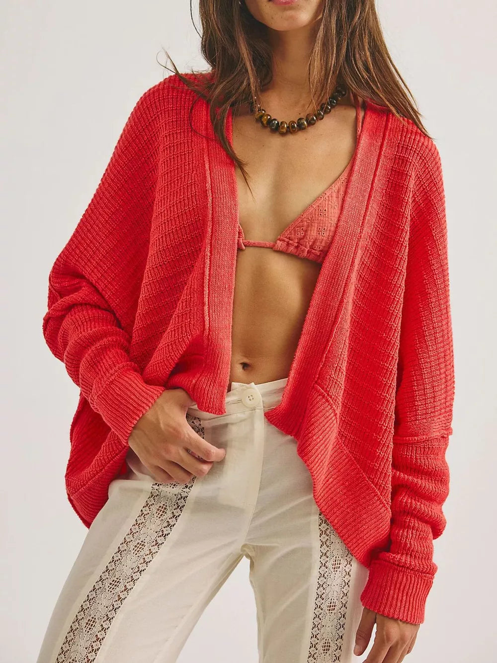 Red cardigan with seam detail and long sleeve
