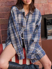 royal blue button-down shirt with plaid and collared