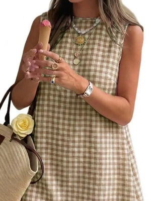 Gingham Sleeveless A-line Mini Dress in Pink with slightly stretchy