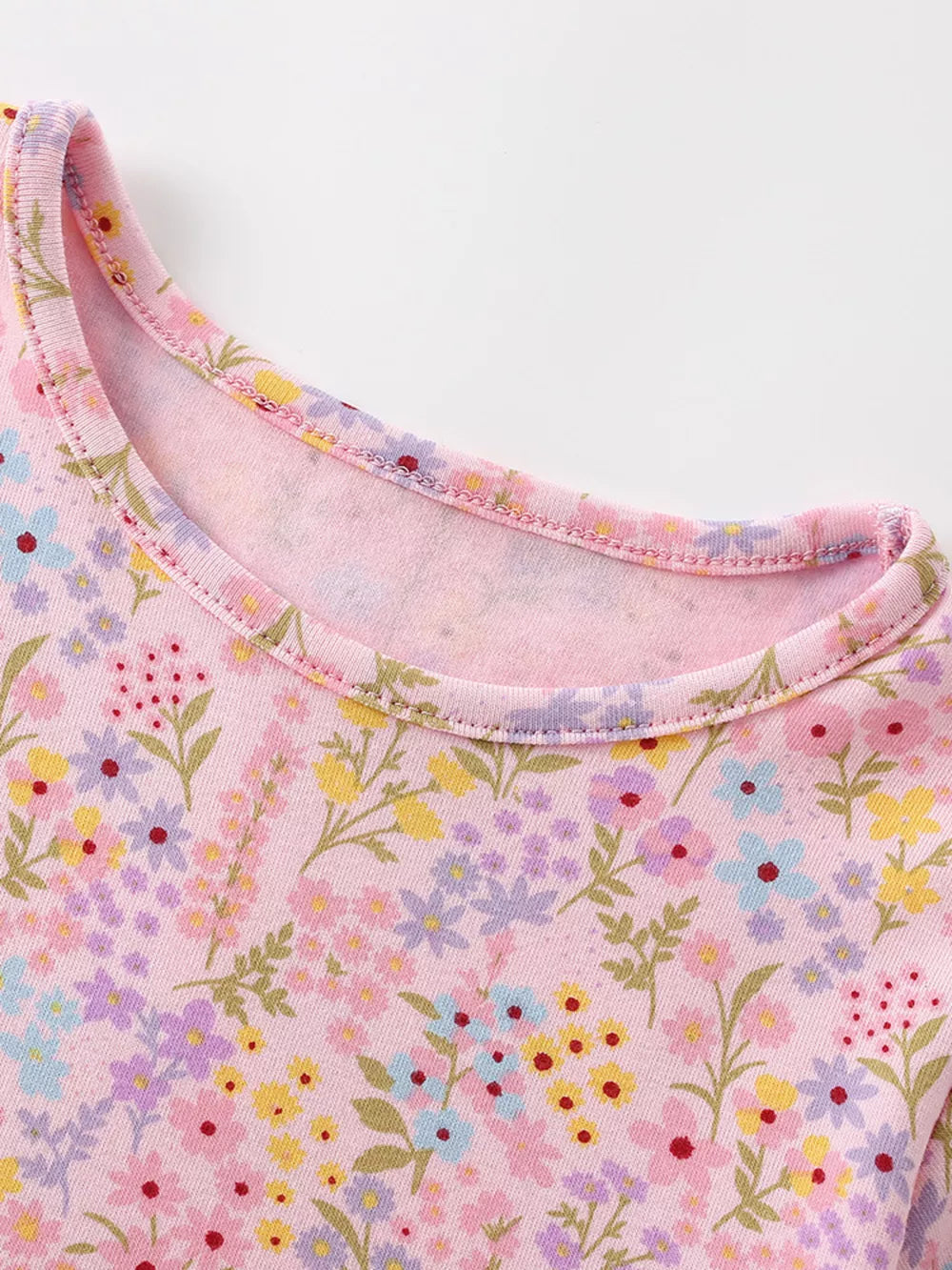 Pink floral A-line dress for baby girls, cotton, crew neck, short sleeves, ruffled hem.