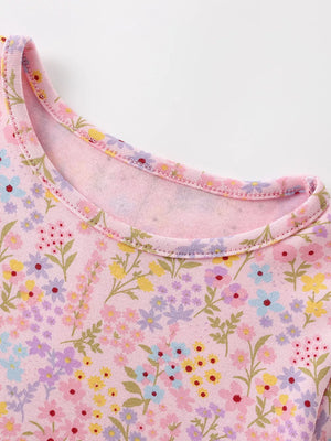 Pink floral A-line dress for baby girls, cotton, crew neck, short sleeves, ruffled hem.