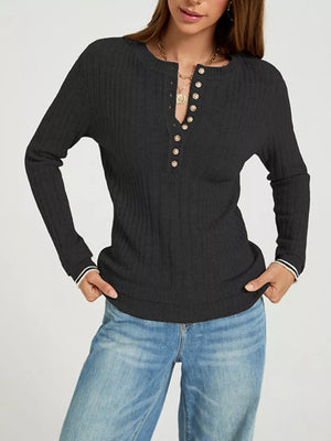 Black henley with hip-length and half-button