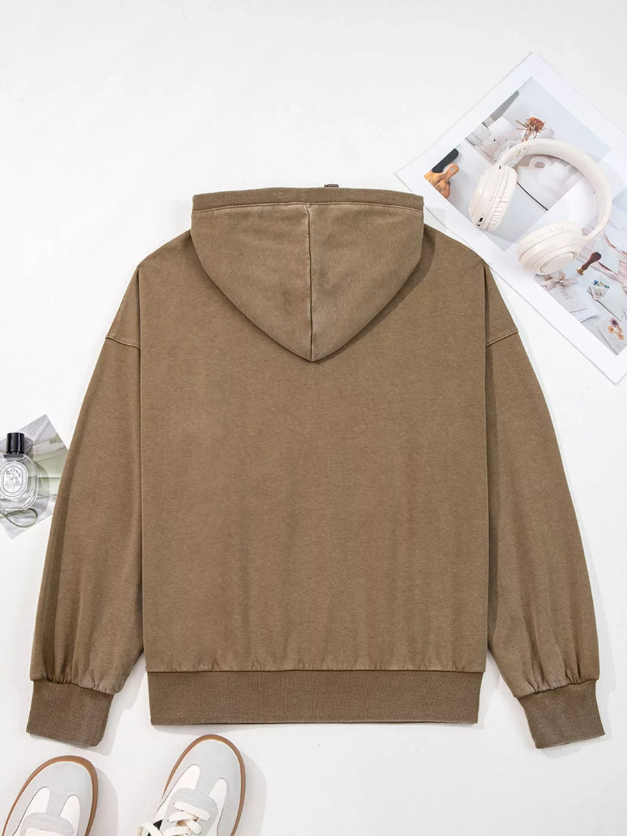 Mineral wash baggy half zip hoodie in coffee brown with cuffed sleeves and hem.