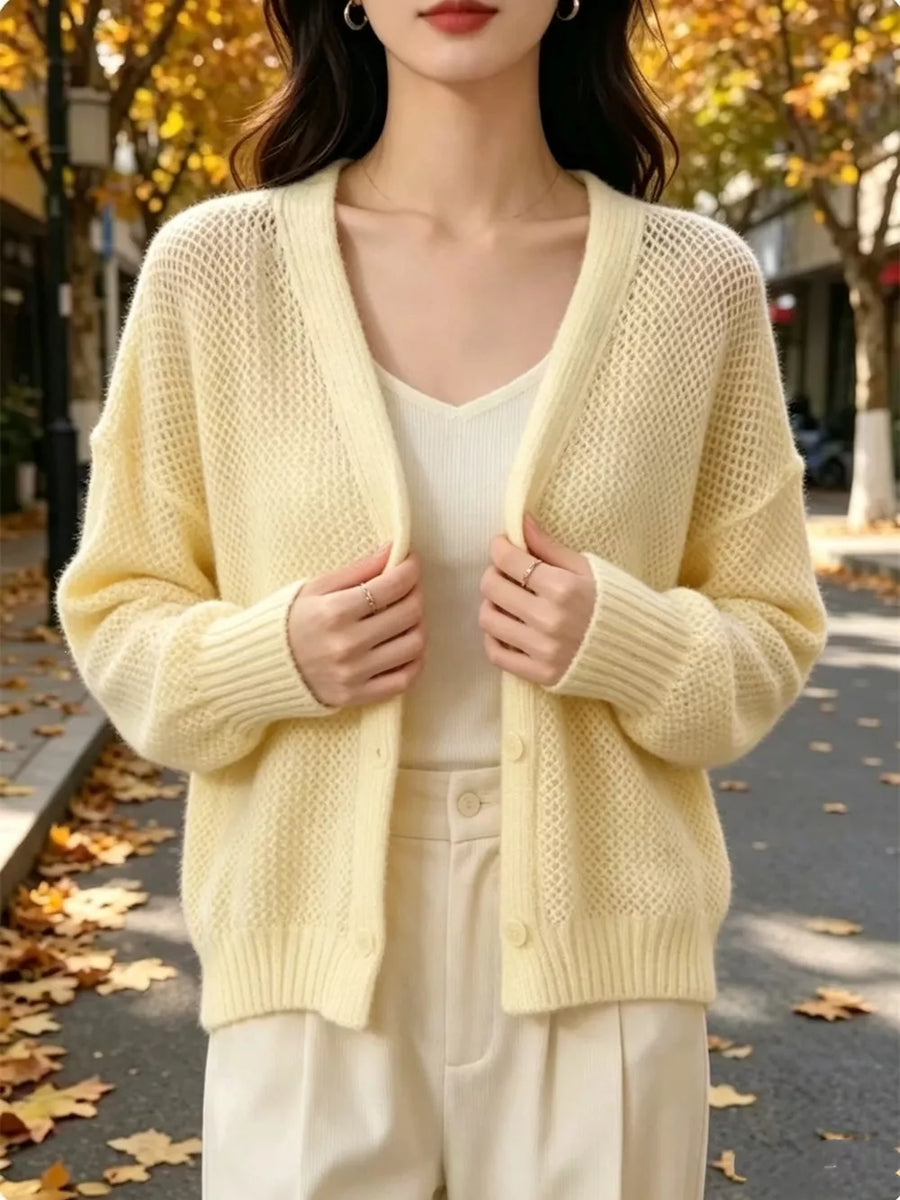 cardigan in Beige with open-knit and hip-length