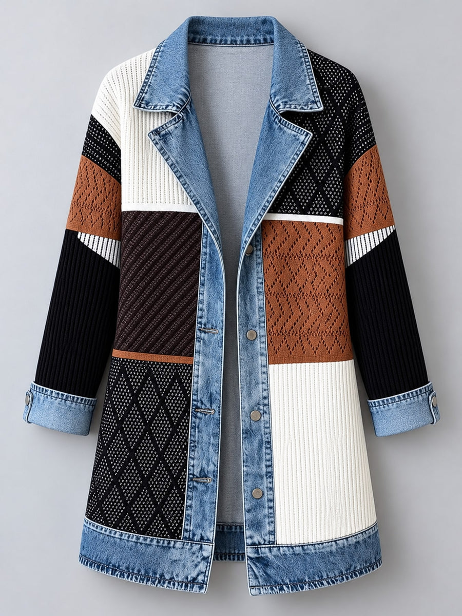 Full Size Denim Trim Ribbed Knit Cardigan in White with pocketed