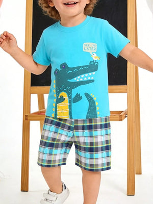 Boys' blue cotton tee with crocodile graphic and plaid shorts set.